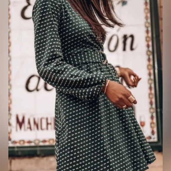 NEW Maeve from Anthropologie Malta Green and White Faux Wrap Belted Dress Sz XS - Picture 4 of 8